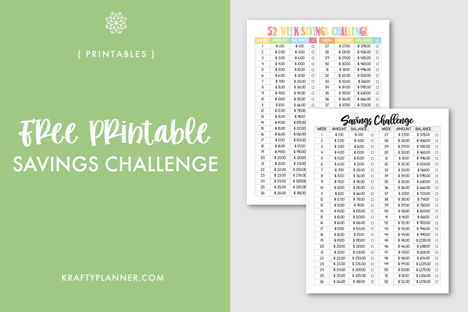 free printable 52 week savings challenge — krafty planner